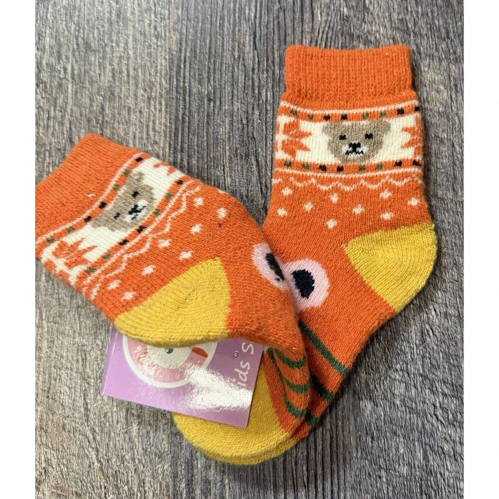 Kids Wool Blend Winter Socks Bear Fox Orange Cozy Toddler
